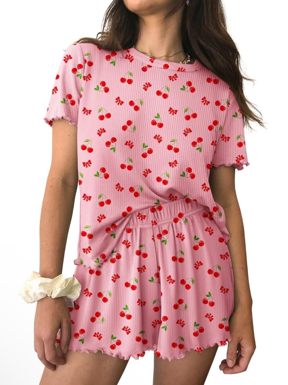 Ribbed Pajamas Set with Cherry Print
